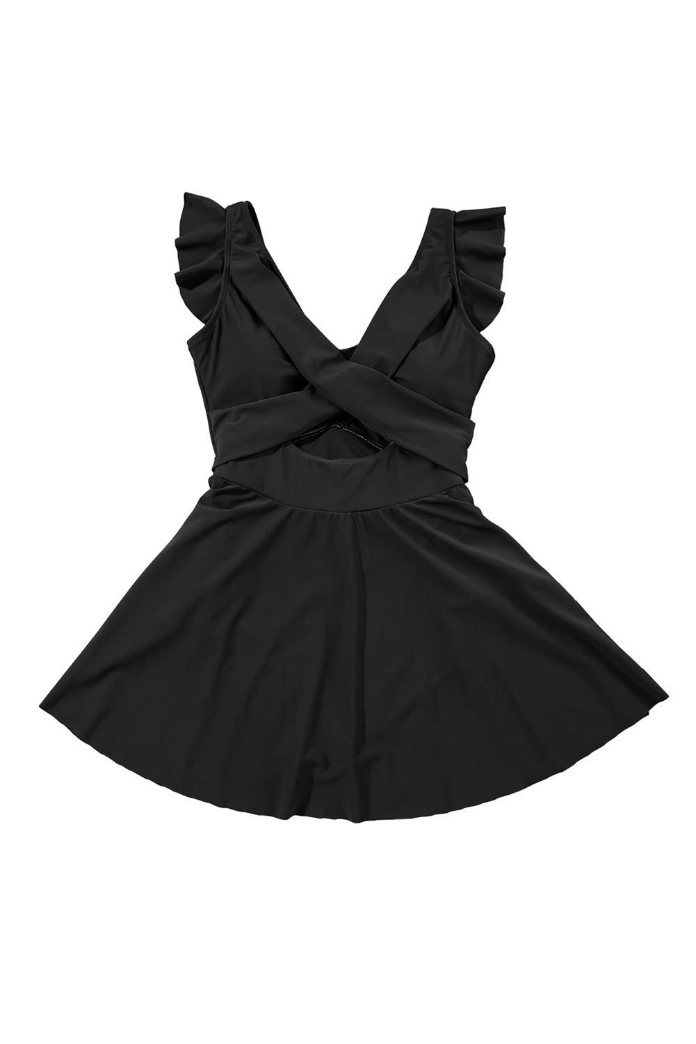 Black Cut Out Ruffle Crossed One Piece Swimdress