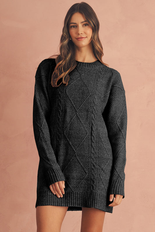 Black Twist Cable Knit Drop Shoulder Loose Fit Sweater Dress