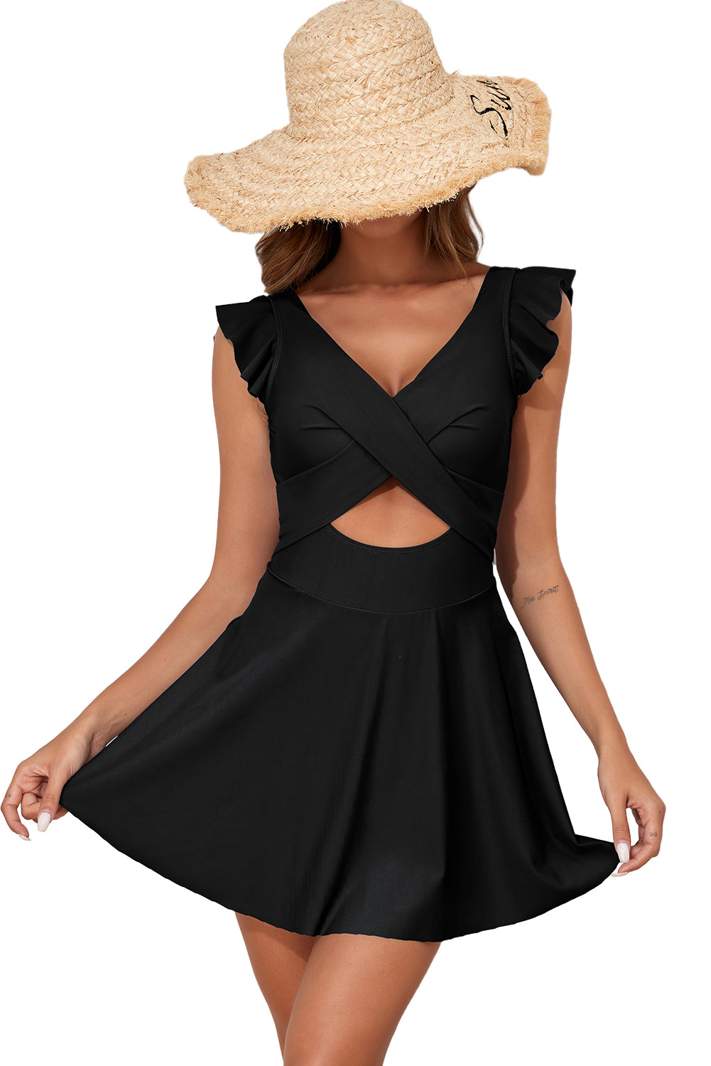 Black Cut Out Ruffle Crossed One Piece Swimdress