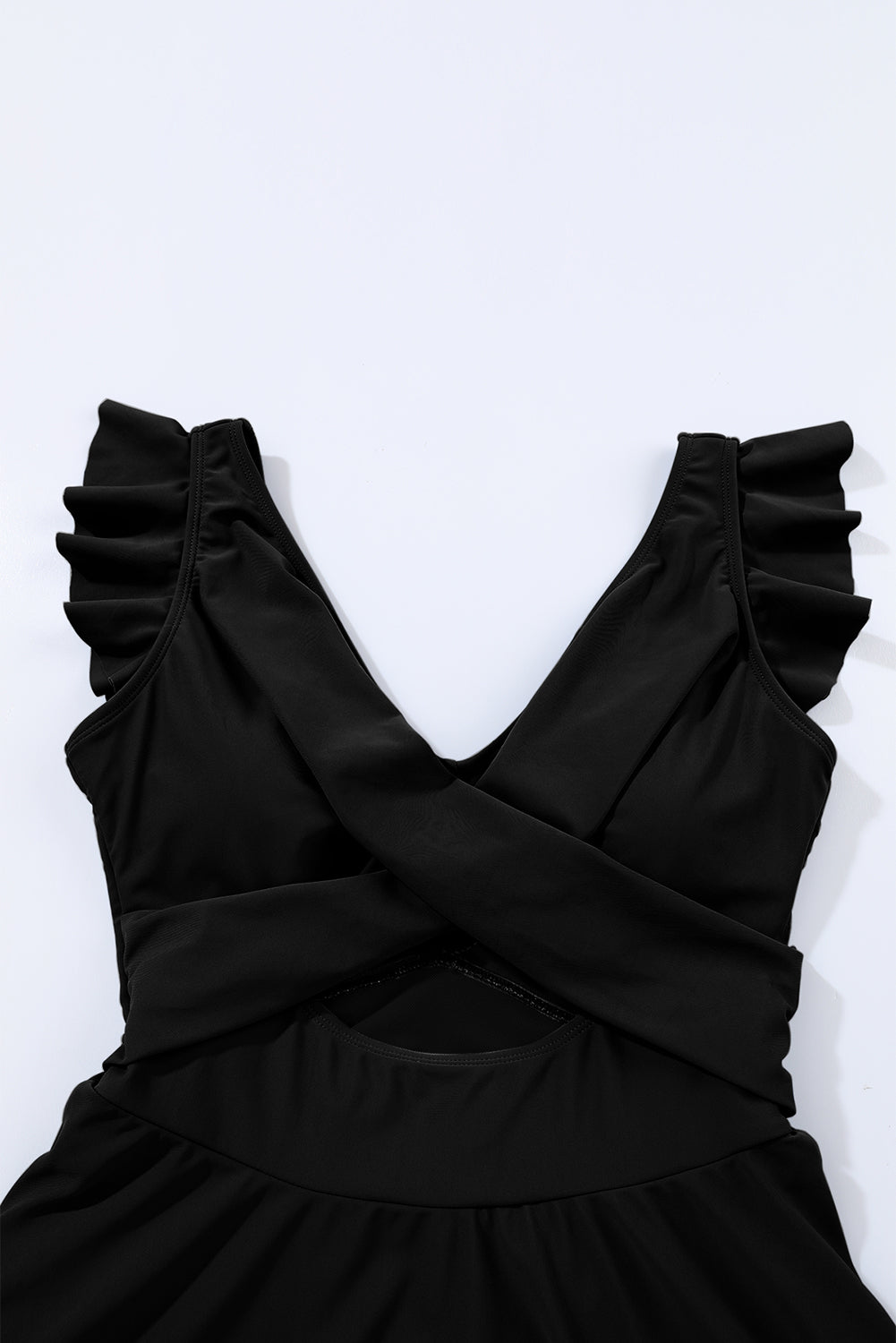 Black Cut Out Ruffle Crossed One Piece Swimdress