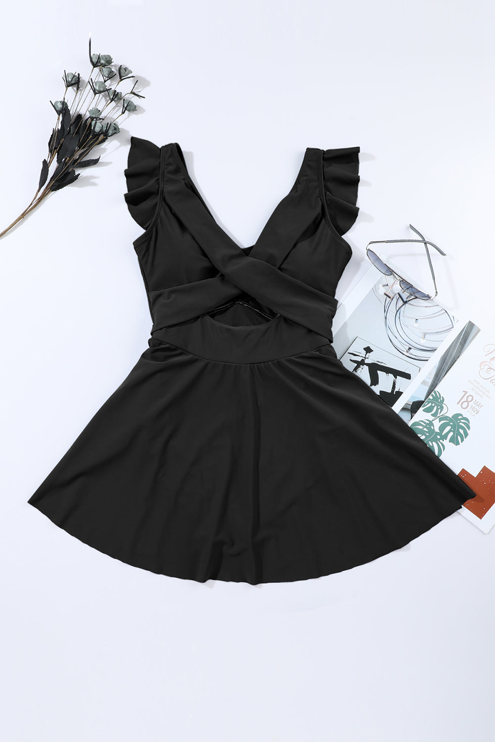 Black Cut Out Ruffle Crossed One Piece Swimdress